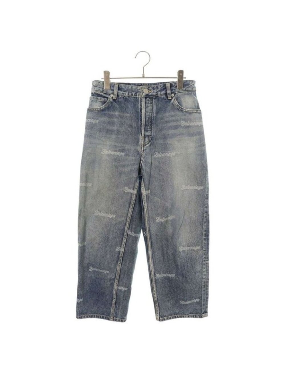 Balenciaga Logo All Over Pattern Button Fly Denim Pants 26 Indigo